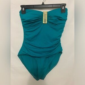 La Blanca Blue Gold Medallion Halter Ruched One‎ Piece Swimsuit Size 6